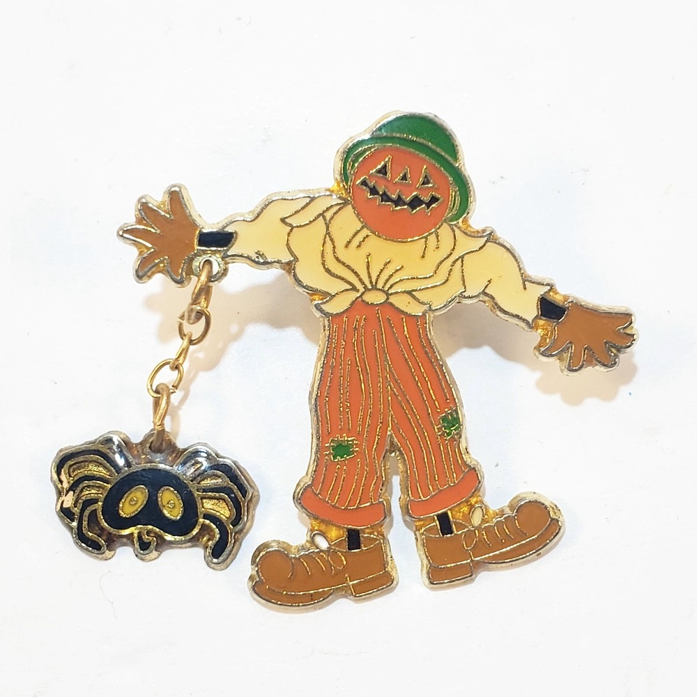 Vtg Gold Tone Metal Multi-Color Enamel Scarecrow Dangle Spider Tack Lapel Pin